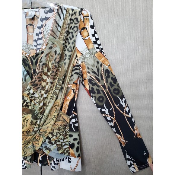 Elysee 26 Equestrian Chain Print Animal Mesh Overlay Crossover Gathered Blouse M - Picture 2 of 6